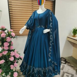 Women’s Dark Sky Blue Faux Georgette Embroidery Work Anarkali Suit